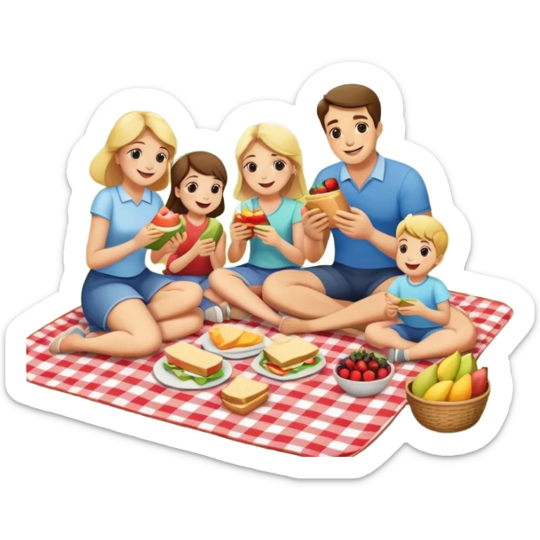 Family picnic with parents and children sitting on a blanket enjoying food outdoors sticker