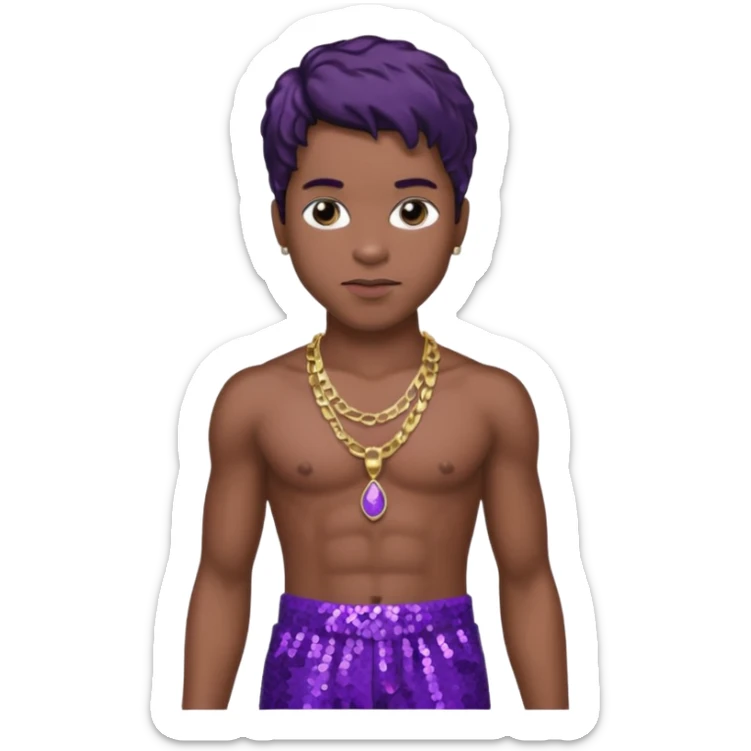 Prince Rogers Nelson with purple sequin baggy pants, shirtless with necklace, dark brown hair sticker