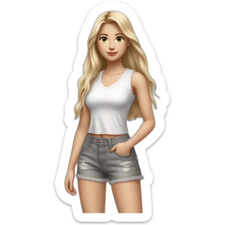 hyperrealist caucasian girl, long straight blonde hair, white v-neck laced crop tanktop, grey tight jean shorts, sneakers sticker