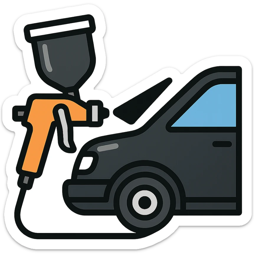 paint spray gun pointing at a section of a car, light layer of glossy black paint spraying out, main color glossy black with silver details, clean lines, modern and clean style, no excess paint sticker