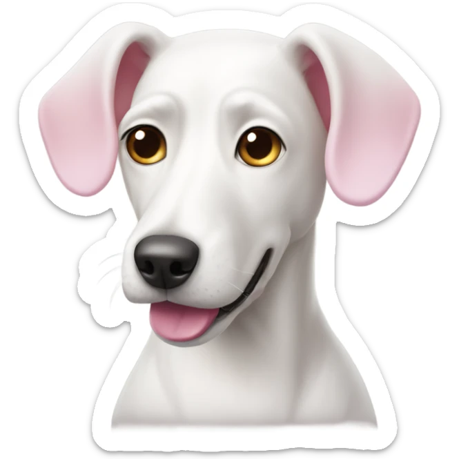 white dog with one ear up and the other ear down. long face and pink color sticker