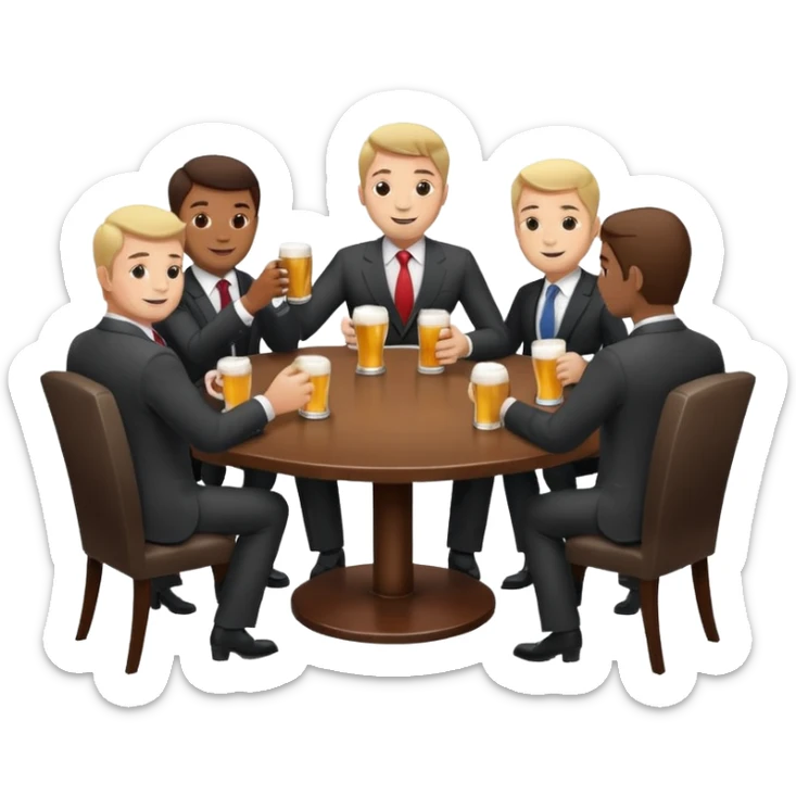 a business meeting of serious businessmen in suits at a round table, drinking beer. sticker
