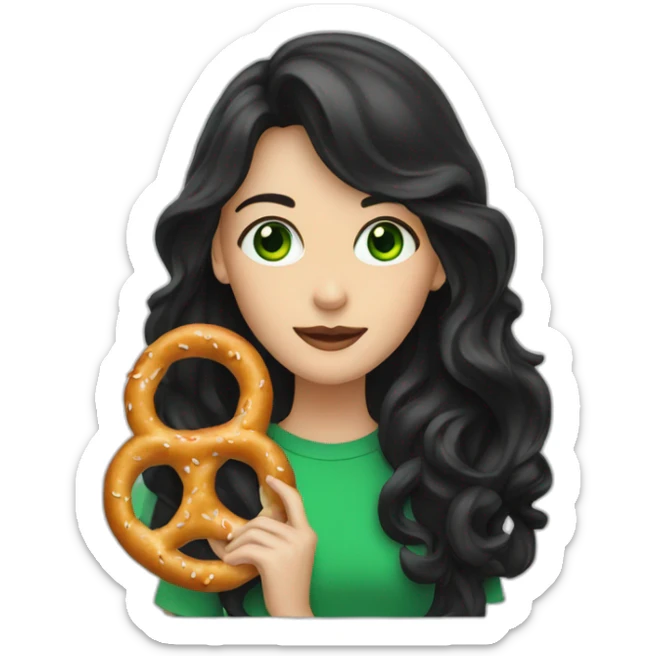 A Woman with green eyes and black wavy long hair eating a pretzel  sticker