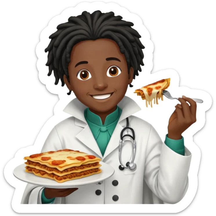  High fade black hair black skin smiling ponytail Dreadlocks doctor and nigerian cape eating lasagna  sticker