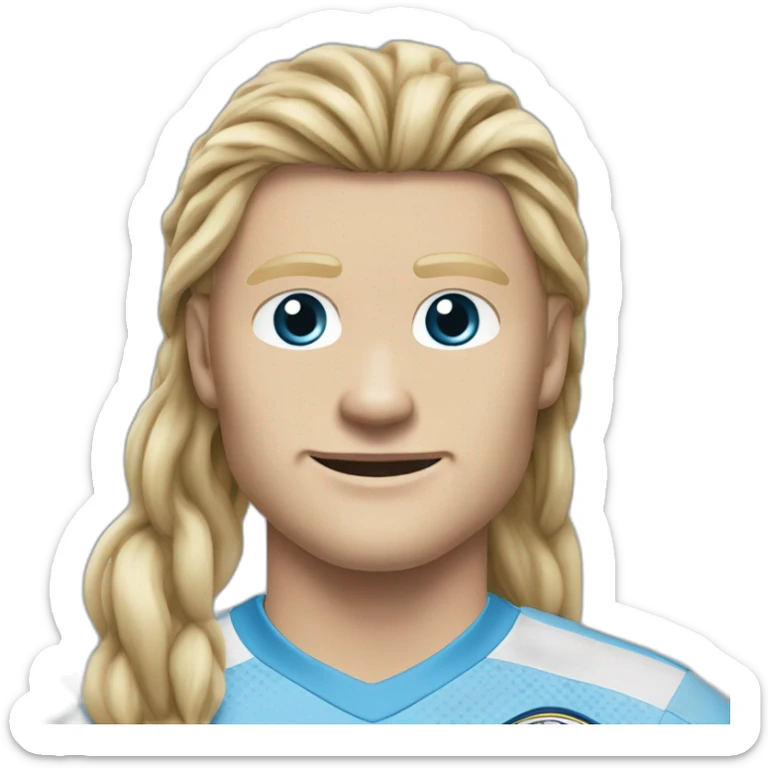 Realistic Erling Braut Haaland has long hair, in a catogan. He is wearing Manchester City football shirt.It has the numéro 9 sticker