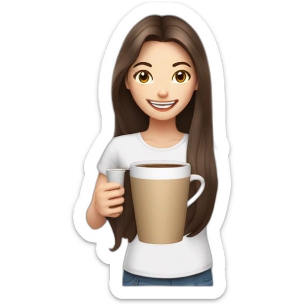white young brunet woman with long hair with face visible huge smile and eyes wide open holding a cup of coffee the same size of her head sticker