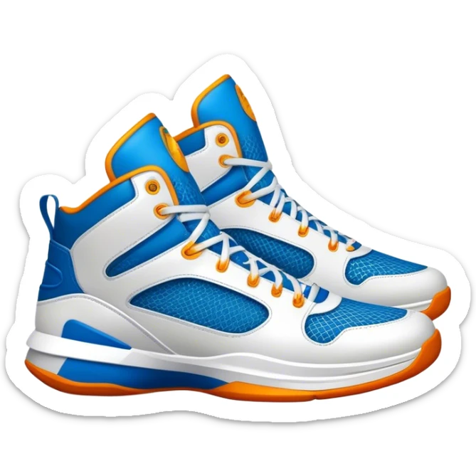 Cinematic Realistic image of a pair of basketball sneakers featuring detailed mesh and leather textures, vibrant color accents and dynamic design lines, illuminated by bold, high-energy arena lighting sticker