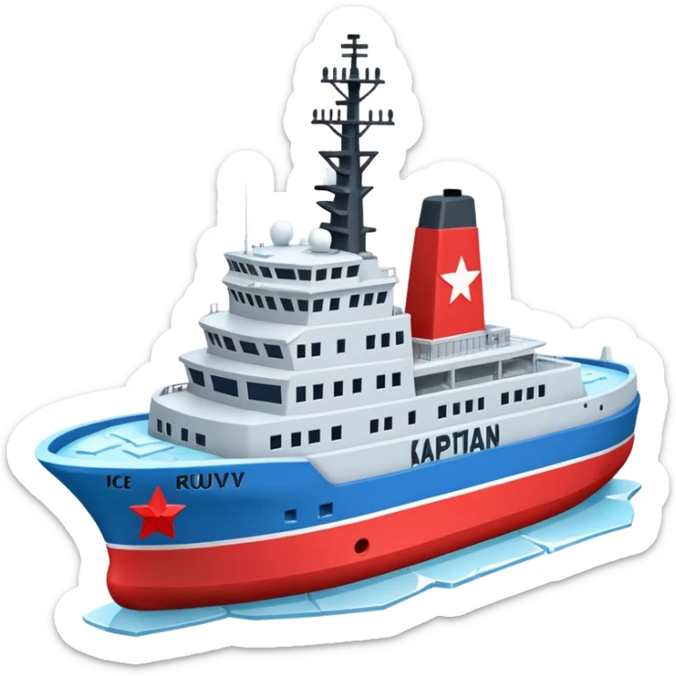 Realistic 3D icon of icebreaker "Kapitan Krutov" (grey hull, red star, white superstructure, "РОСМОРПОРТ" lettering). Soft winter lighting, 3/4 aerial view. Fractured blue ice, white background. High detail, photorealistic GSON style. sticker