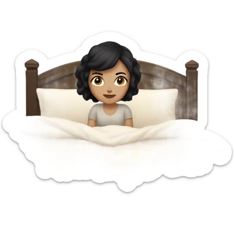 white girl with short black hair laying full body in a big bed with a beige comforter  sticker