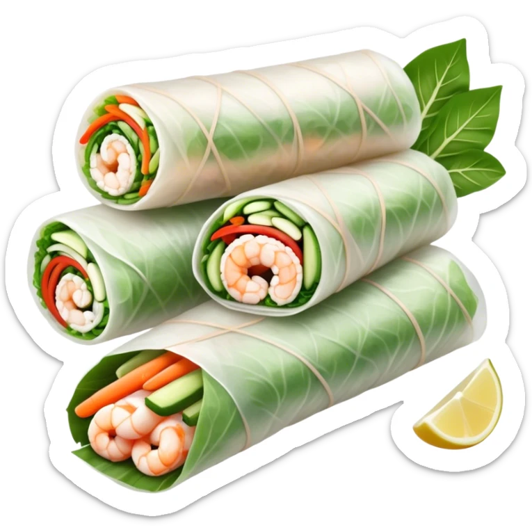 Cinematic Realistic Vietnamese Summer Rolls Dish Emoji, depicted with delicate rice paper wraps filled with fresh vegetables and shrimp rendered with crisp textures and refreshing lighting. sticker