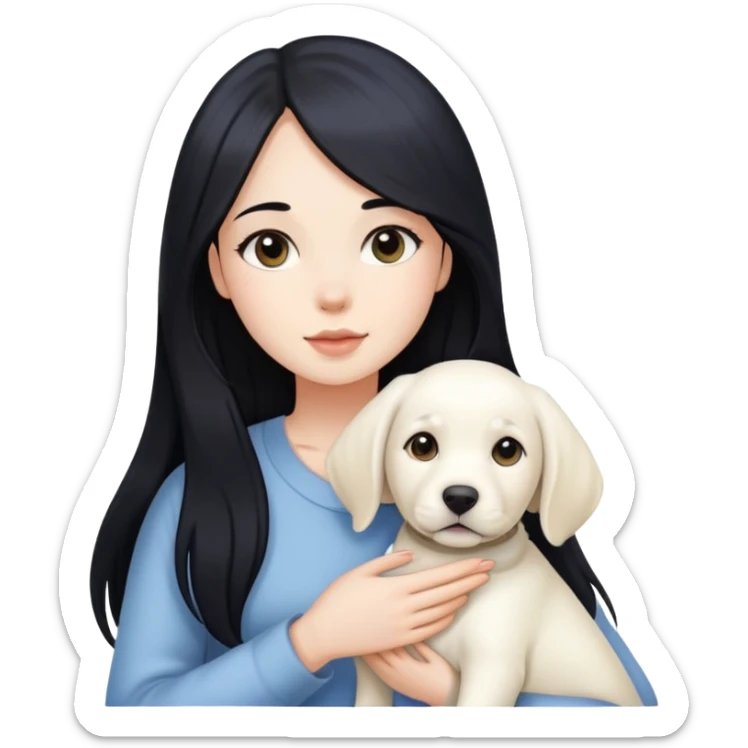 A beautiful girl with long black hair and fair skin is holding a white Labrador sticker