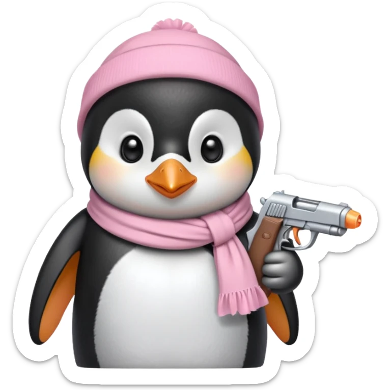 cute penguin wearing light pink bow scarf and holding light pink gun  sticker