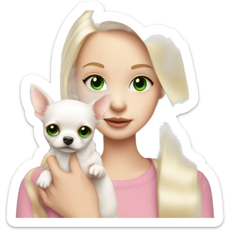 pale blond girl with long platinum hair with green eyes holding a white chihuahua puppy that wearing a pink bow sticker