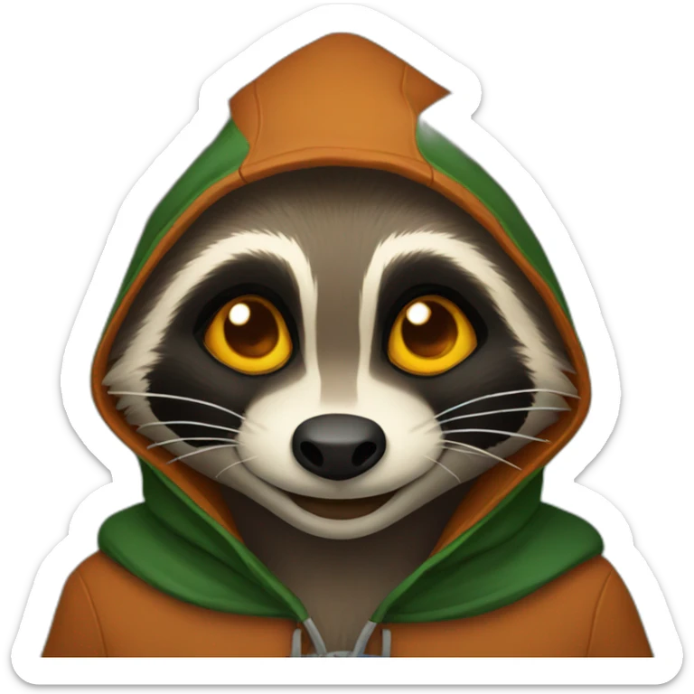 brown raccoon with orange eyes and a dark green hood that is smiling sticker