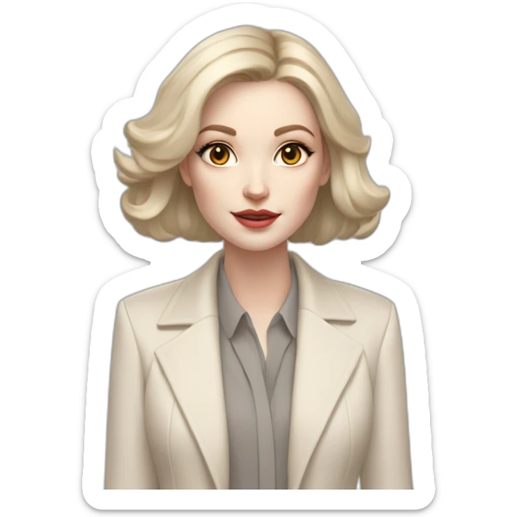 pale skin woman with ash blonde Straightened bob Hair, White Spacious classical jacket, beige palazzo Arrow pants and gray blouse holding RAL colour palette in the hands sticker