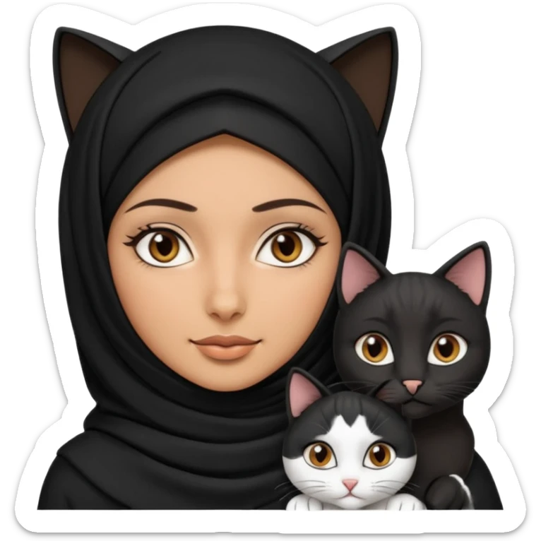 A Arabic woman human with brown eyes and black hijab. , two cats, the both cats have the colour black and white in the same colour,   sticker