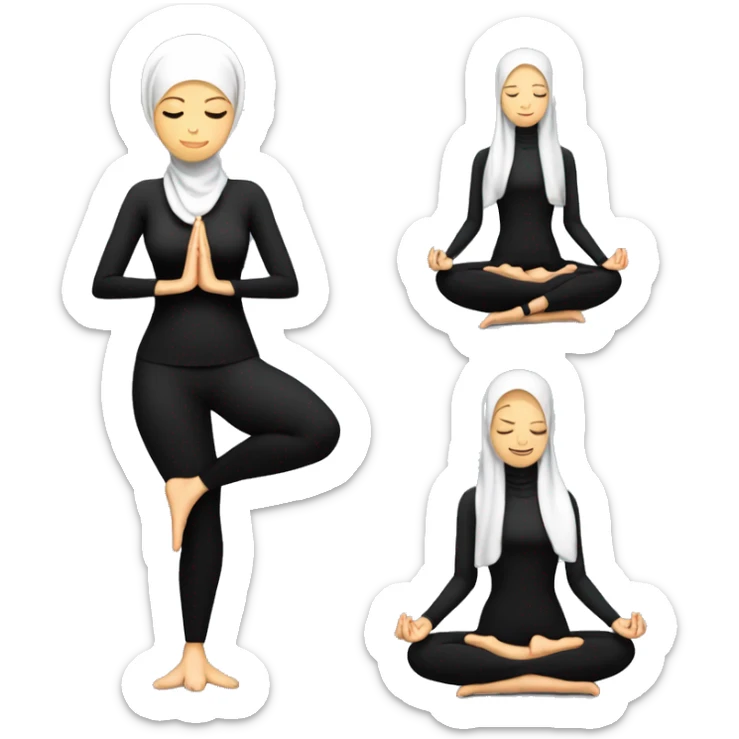 Slender woman in black suit and hijab for yoga with amulet sits in lotus pose with eyes closed sticker