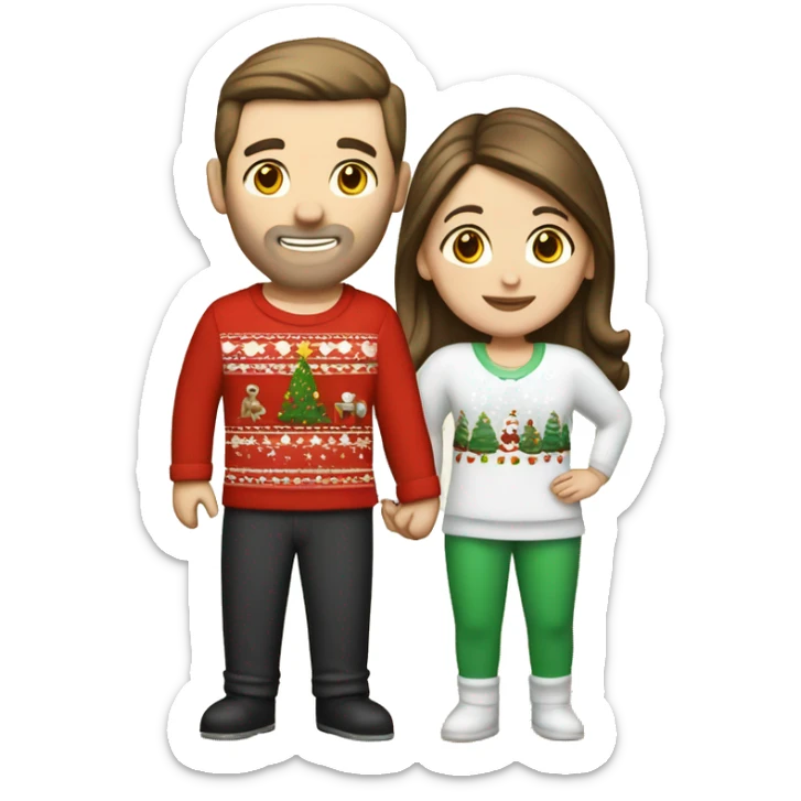 caucasian couple with brunette hair in Christmas pajamas ￼ sticker