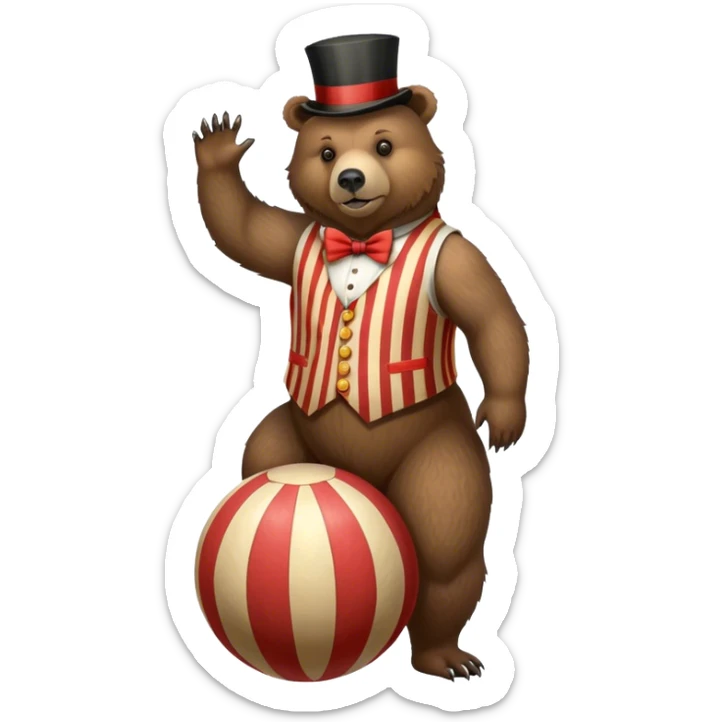 Vintage circus grizzly bear standing on striped ball wearing vest and top hat sticker