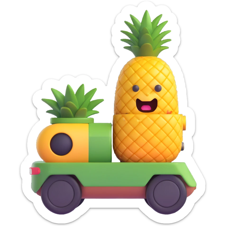 a pineapple in a tank commander outfit, peeking out of a cartoon tank hatch, 3D emoji style sticker