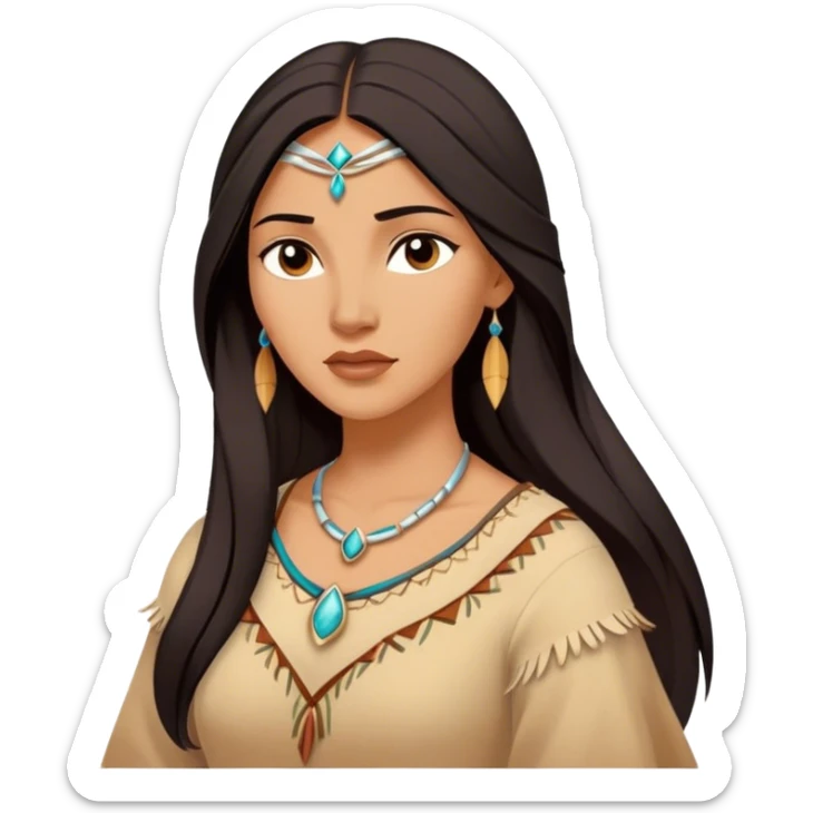 Cinematic Serene Pocahontas Portrait Emoji, rendered in a realistic, simplified vector style. Depict a gentle Pocahontas (chest and above) with warm, glowing skin, loosely flowing dark hair, and a calm, reflective expression, wearing modest traditional attire in earthy hues. The image is bathed in a soft, inviting glow with high shine and a soft glowing outline. sticker