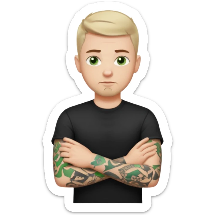 White young man with short dark taper fade hair cut and slight goatee and neutral expression with his arms folded. Green eyes and arm tattoos sticker