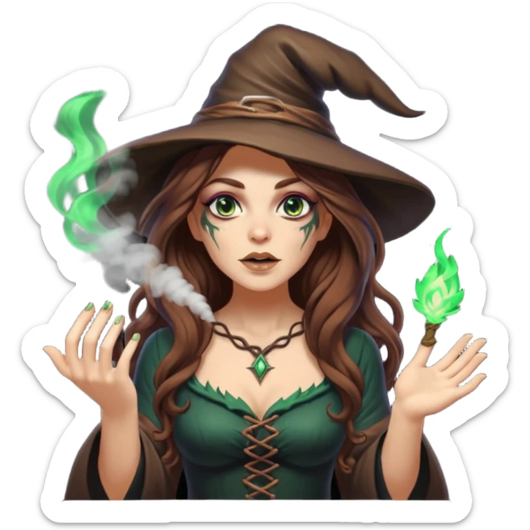 forest witch woman long wavy brown hair tattoos blowing glowing powder toward viewer sticker