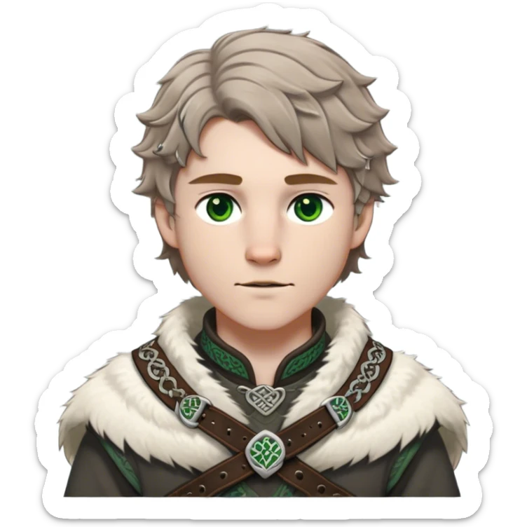 Medieval winter outfit worn by a DnD themed fantasy male character. Heavy charcoal wool tunic with arctic wolf fur lining, adorned with intricate iron clasps and a thick leather belt with celtic knotwork. Clothes only above the waist, full waist coverage. The character has no arms. Character is white-skinned with light brown hair, gray-green eyes, and short wavy hair dusted with winter's touch. sticker