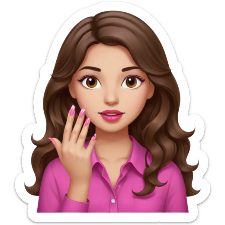 girl with long wavy brown hair, brown eyes, light to medium complexion, in a pink shirt, pink lips, long lashes, puckered lips,  painting long finger nails sticker
