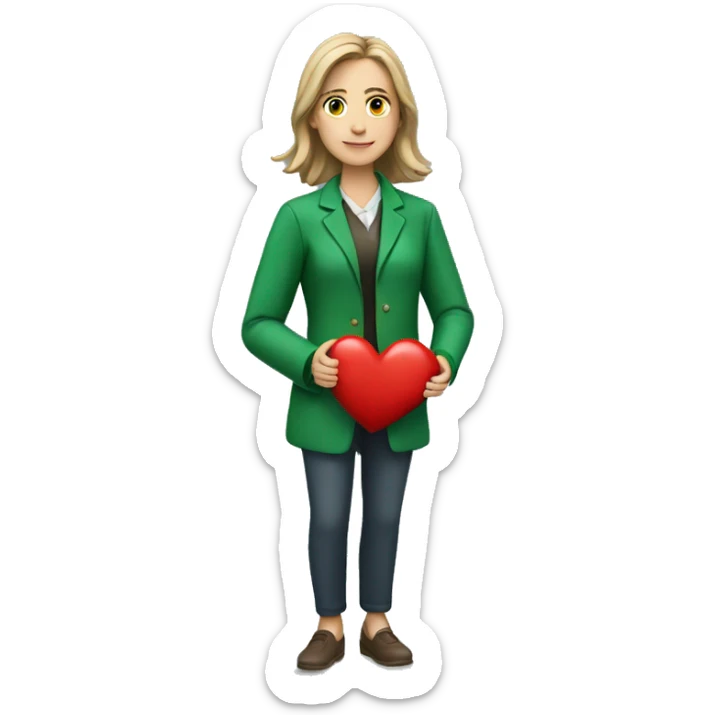 A European female teacher in a green jacket holds a heart in her hands sticker