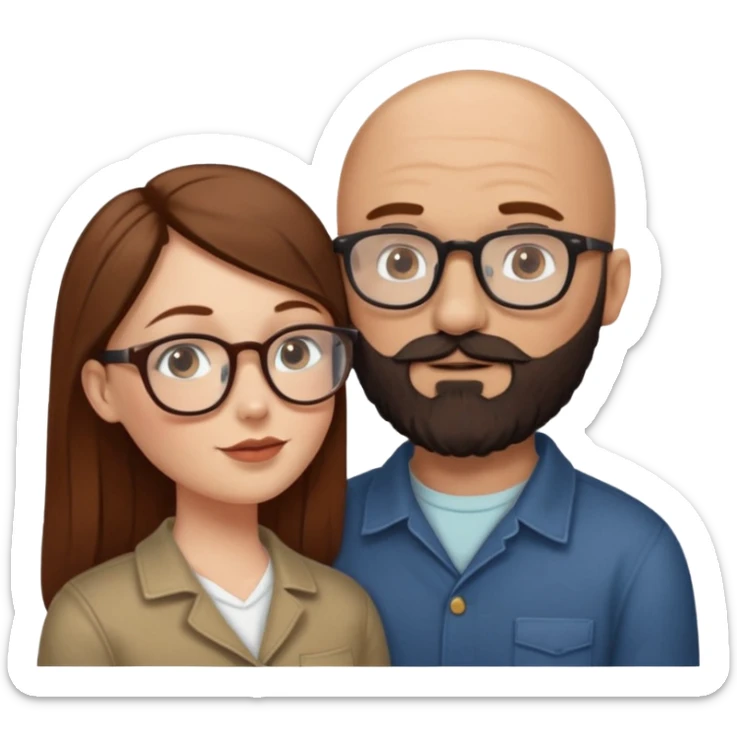 Couple. Bald man with dark brown-black beard. White woman with many small, faded freckles, she has white skin and she has auburn-brown-cinnamon, dark long hair. She has light brown eyes. The man have hazel eyes and glasses. She don’t wear glasses. Retro style. She kisses him. sticker