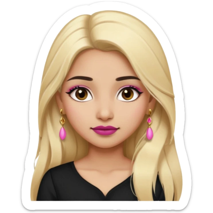 Sweet Indian girl blond long hair darkbrow  eyes brown/pink lipstick blush, black top gold earrings, brown eyebrows  sticker
