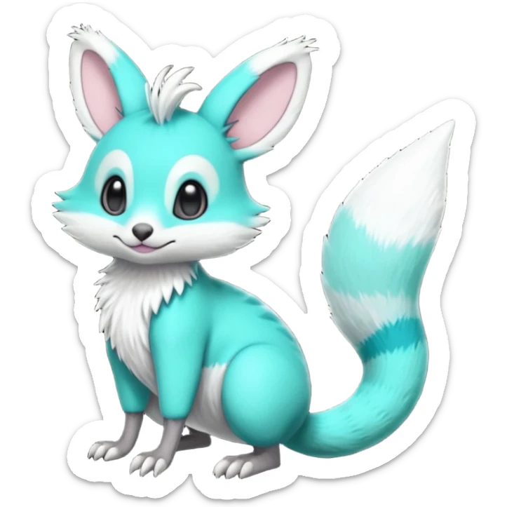 Iridescent Neon Green-Cyan Minccino-Emolga-Numbat-Sergal-fusion-hybrid-animal-creature, full body sticker