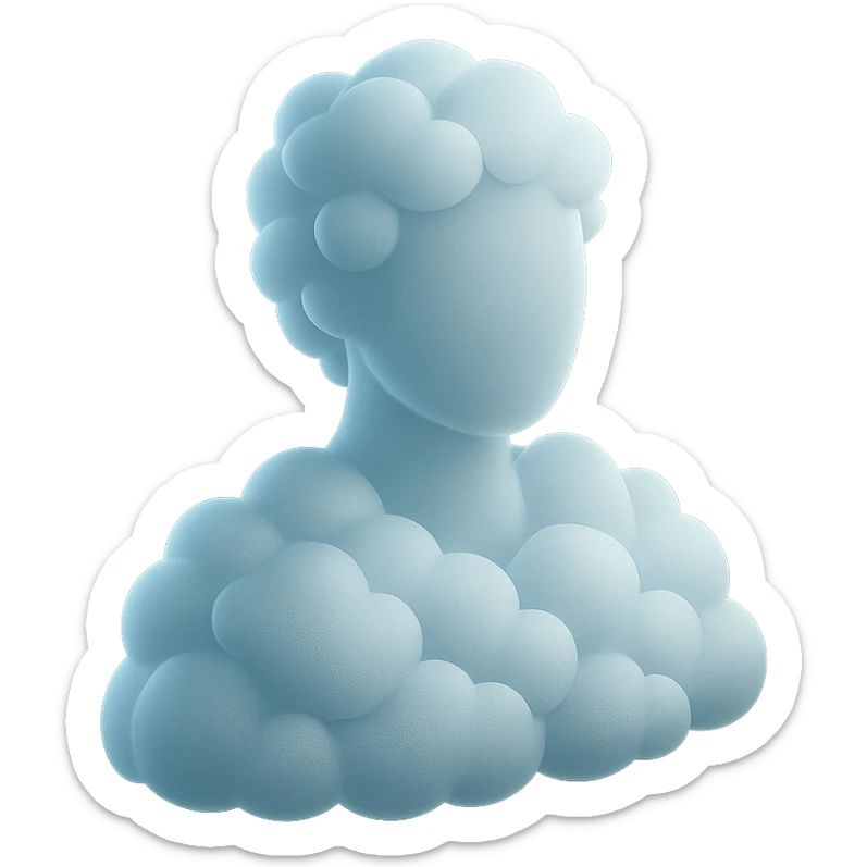 A person from the shoulders up, entirely composed of fluffy, convex white clouds. sticker