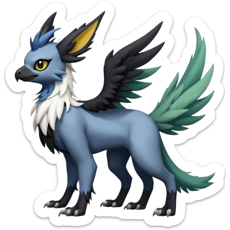 Dark-deep-colored gryphon-Trico-Nargacuga-Absol-Leafeon-Sprigatito-Silvally-fusion-hybrid with a long tufted tail, black beak, black claws, black tail, majestic, realistic, furry (full body) sticker