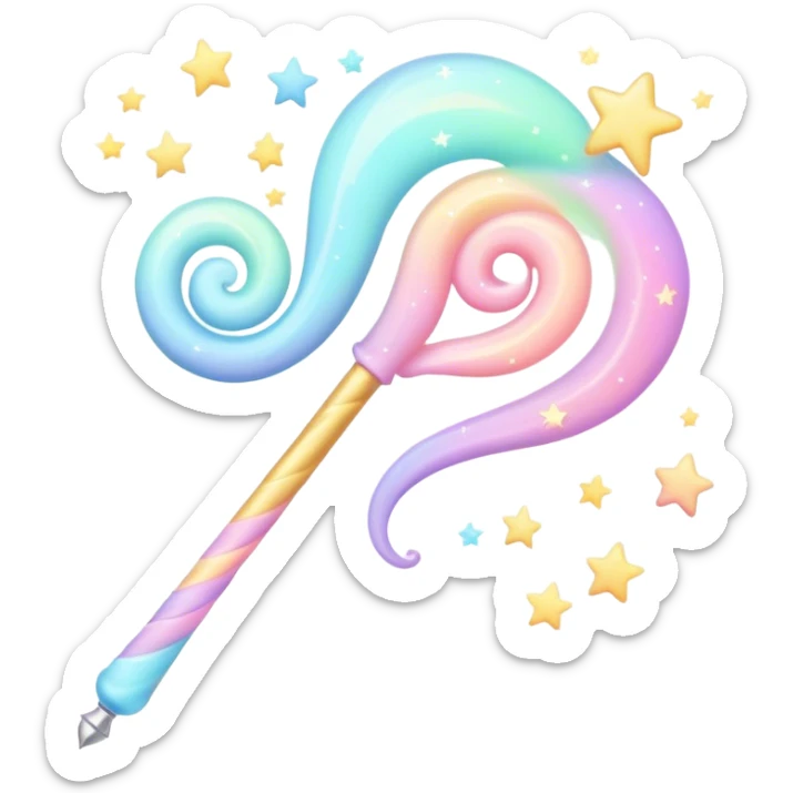 Cinematic cute magical wand, pastel swirls of color, tiny twinkling stars floating around, glowing softly, chubby rounded edges, whimsical and dreamy. sticker