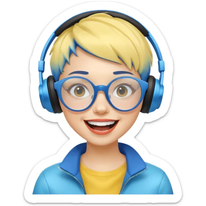 yellow-skinned girl with stylish blue ombre short hair, futuristic glasses, wireless headphones, laughing loudly sticker
