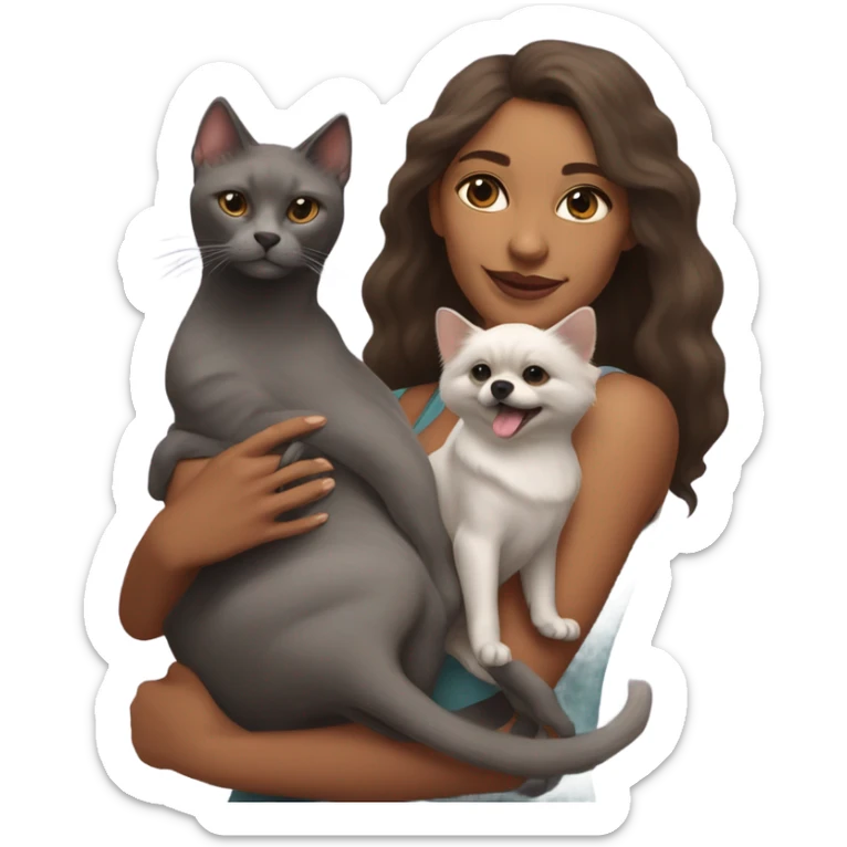 Woman in the right arm is holding a sphinx grey cat and in the left arm holding a Pomeranian dog sticker