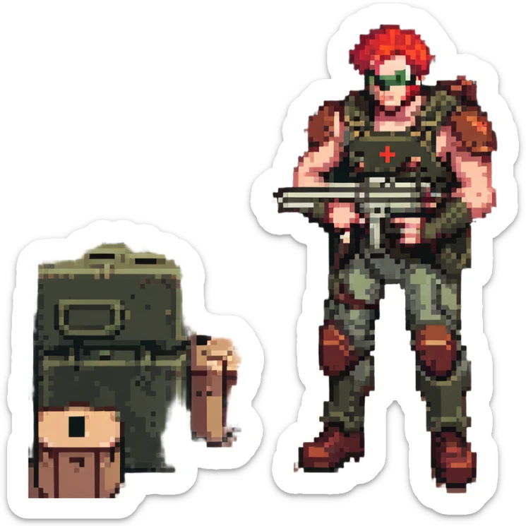 a SNES box art image of a man in military gear disarming a IED inside of a toolshed, dramatic single overhead lamp, he has red hair and a face like retro doomguy sticker