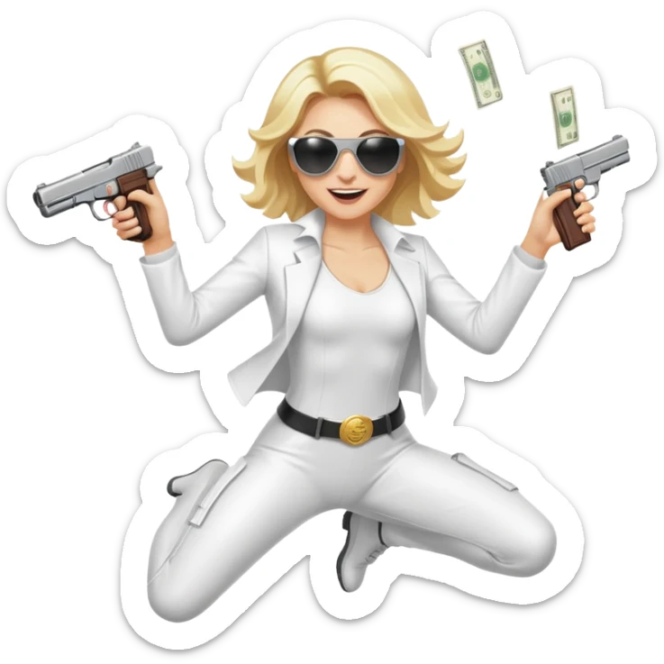 Mafia blondes woman Jumping for joy , in sunglasses, gun ,money , white costume  sticker
