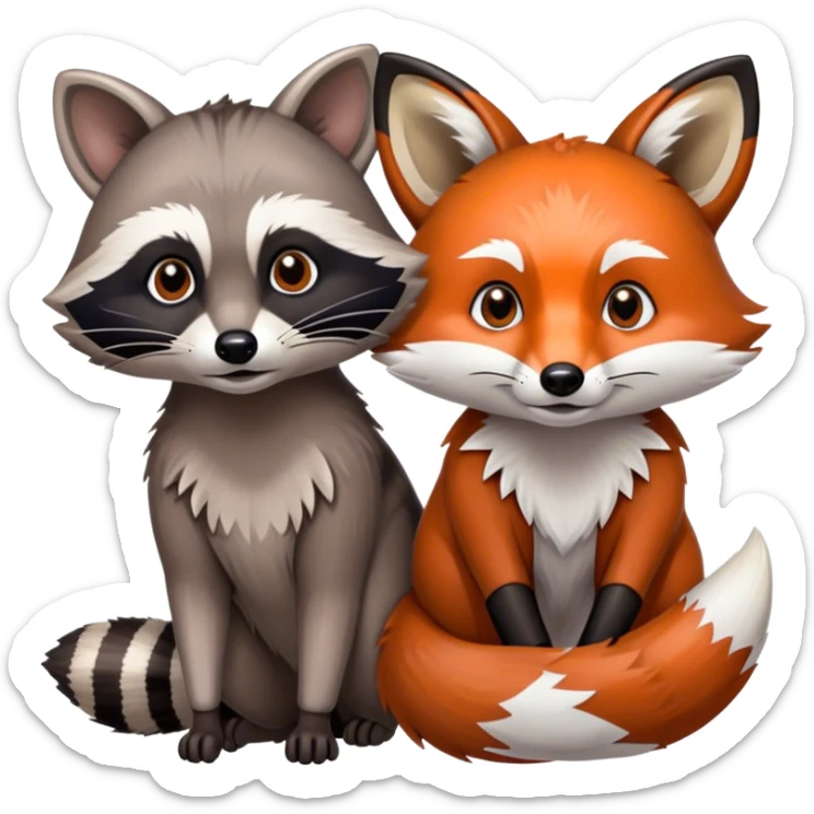 Collage of a raccoon and a fox, in close-up, set in a beautiful forest with tall trees, green bushes, and sunlight filtering through the leaves and flowers. A vibrant, wild atmosphere with a transparent background. sticker
