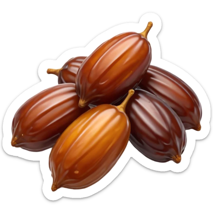 small cluster of dates, glossy brown skin, slightly wrinkled, plump, color variation from amber to mahogany, no plate, packaging, garnish, or faces, clean 3D, soft shadows, emoji scale sticker