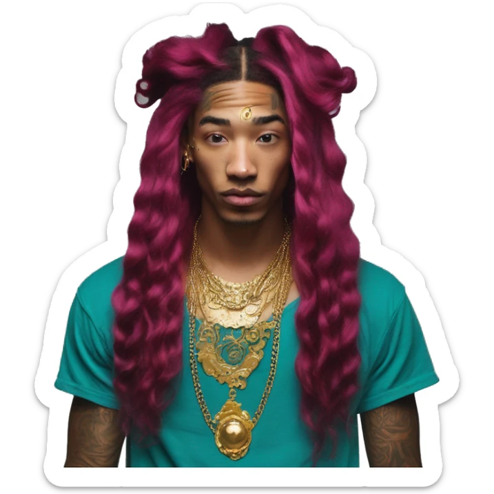 Vintage patina intricate swirls gold jewellery baroque golden sparkle tropical Deep pink maroon burgundy cyan dark hoodie man vitiligo dyed hair gold piercings nose piercing ear piercings sticker