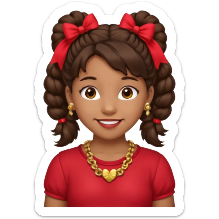 Brownskin girl dark brown hair fluffy. pigtails with red bows brown eyes smiling closed mouth red shirt gold esrrings gold necklace sticker