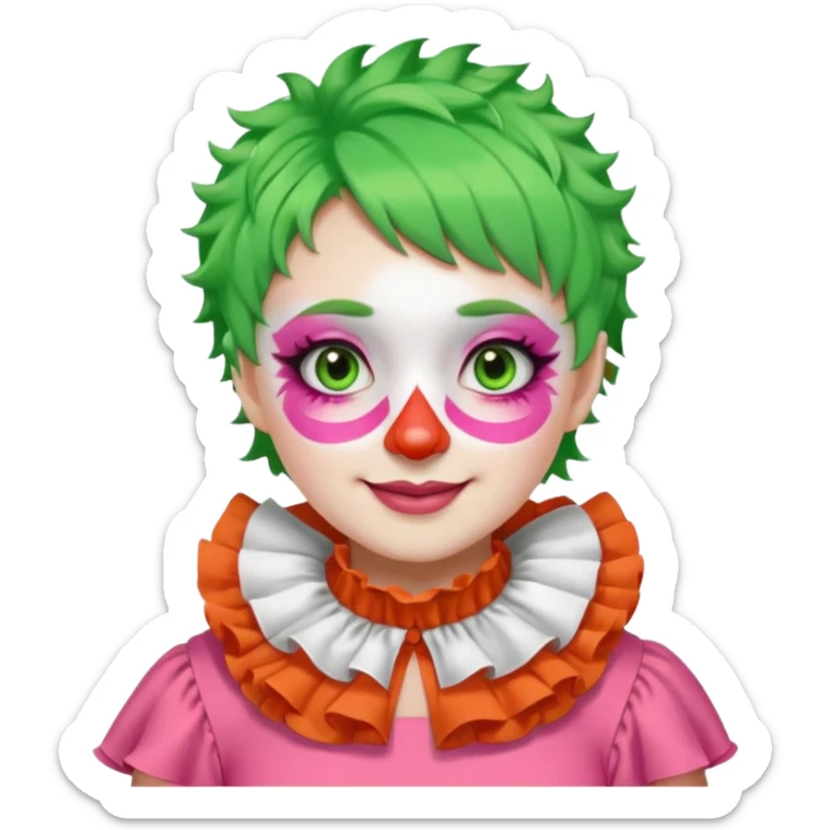 Bright green short hair.

White face paint with green eye makeup and a red nose.

Big wide smile.

Wearing a pink ruffled collar with an orange outfit. sticker