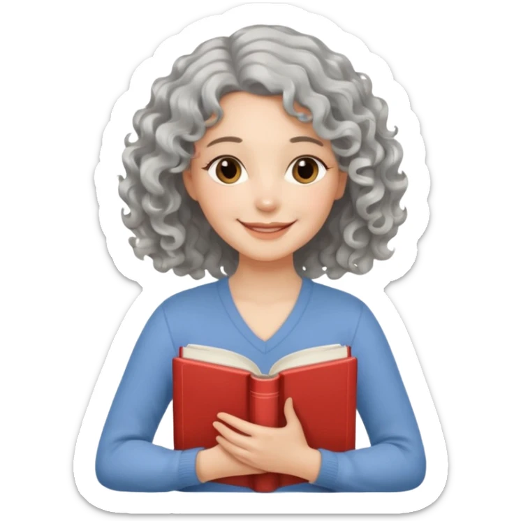 Silver hair, wavy/curly hair chin-length lady giving hug with 2 arms,  v-neck and smiling, add a favorite book sticker