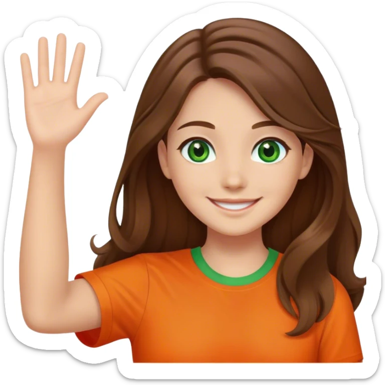 smiling girl with brown hair, long hair, middle hair part, waving, green eyes, orange shirt sticker