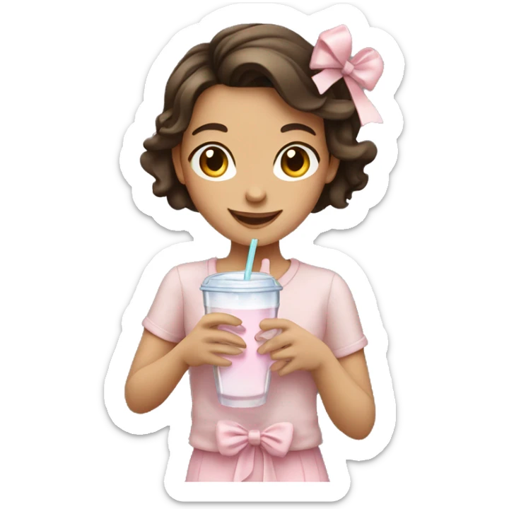 Happy brunette girl with light pink bows and clothes holding a drink sticker