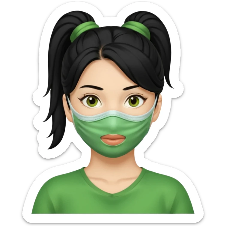 Chica con cabello negro en una coleta y una mascarilla verde claramente relajada  sticker