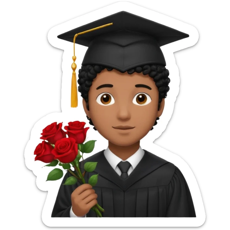Graduated Students, Male,  brown skin, black curly hair, wearing graduation cap, holding bouquet of flowers
 sticker